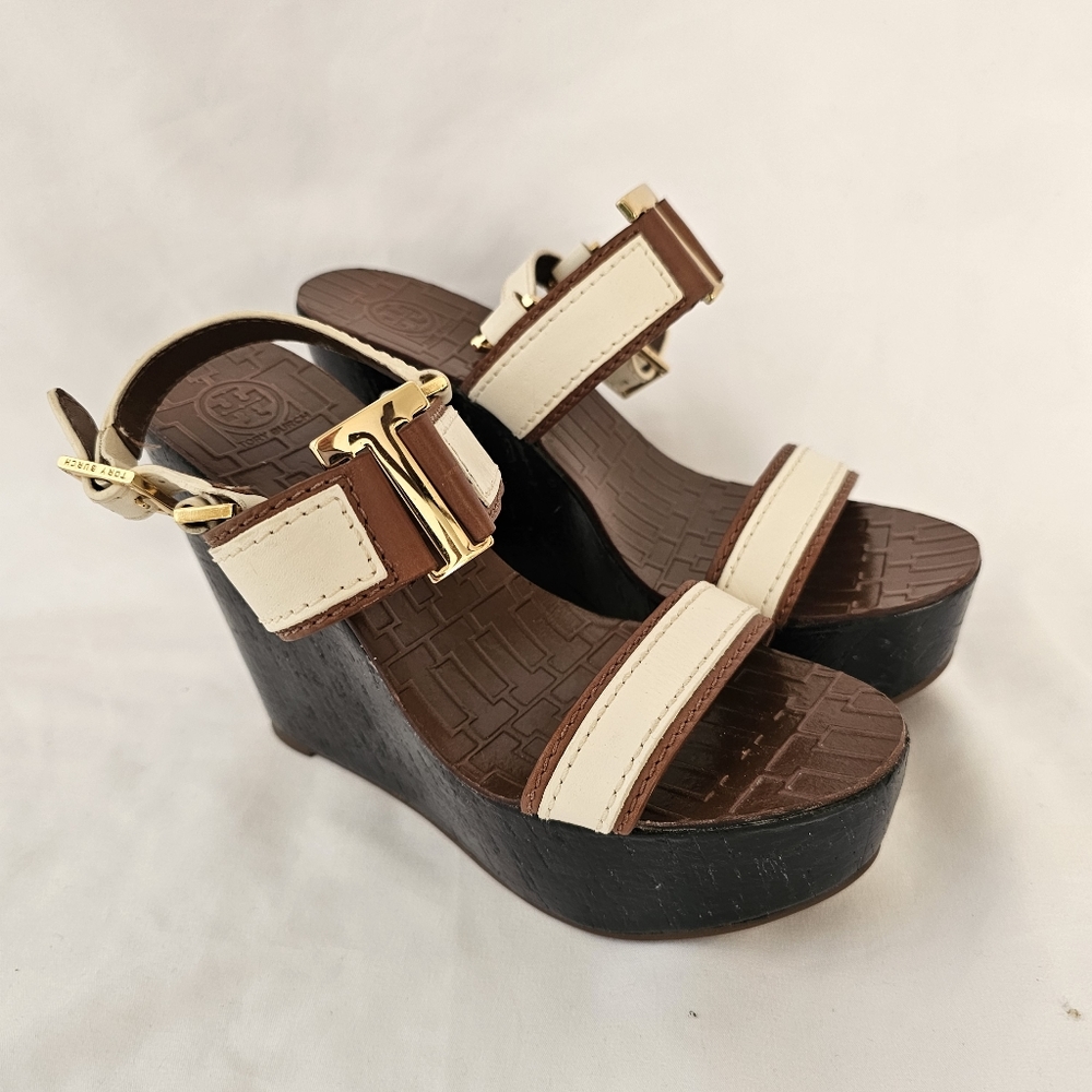 Tory Burch Carlee Wedge Sandals Ivory Leather 8